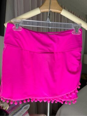 Bright Pink Swim Skirt with Pom Pom Trim